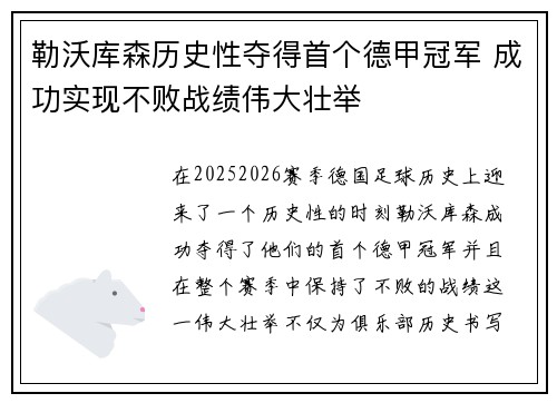 勒沃库森历史性夺得首个德甲冠军 成功实现不败战绩伟大壮举